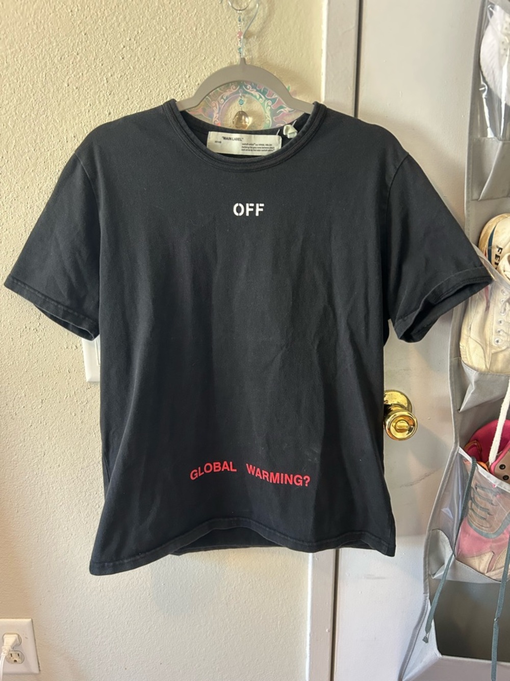Off-White Black Tee “GLOBAL WARMING?” White "OFF" Chest Print